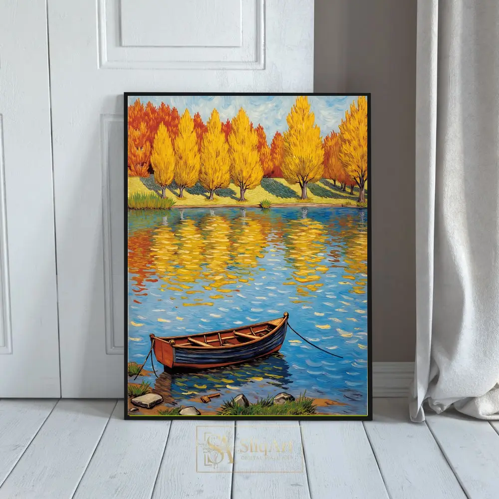 Impressionist Autumn Boat on Lake Canvas Wall Art