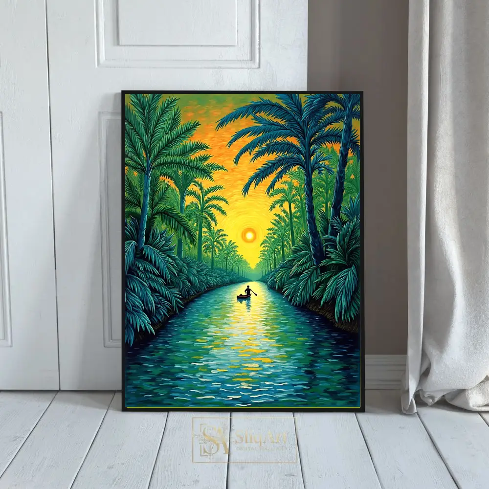 Tropical Sunset River Rowing - Impressionist Canvas Wall Art