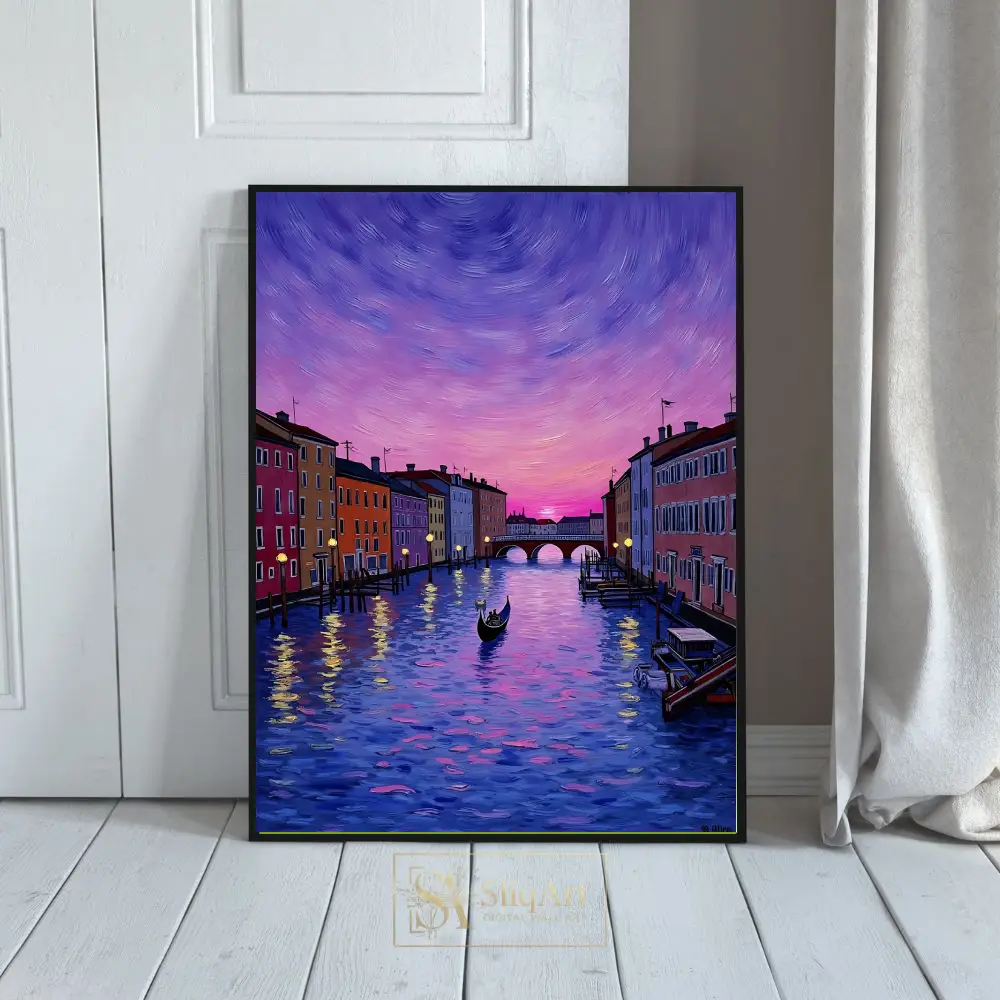Venice Sunset Canal Gondola Wall Art - Vibrant Purple Sky Painting