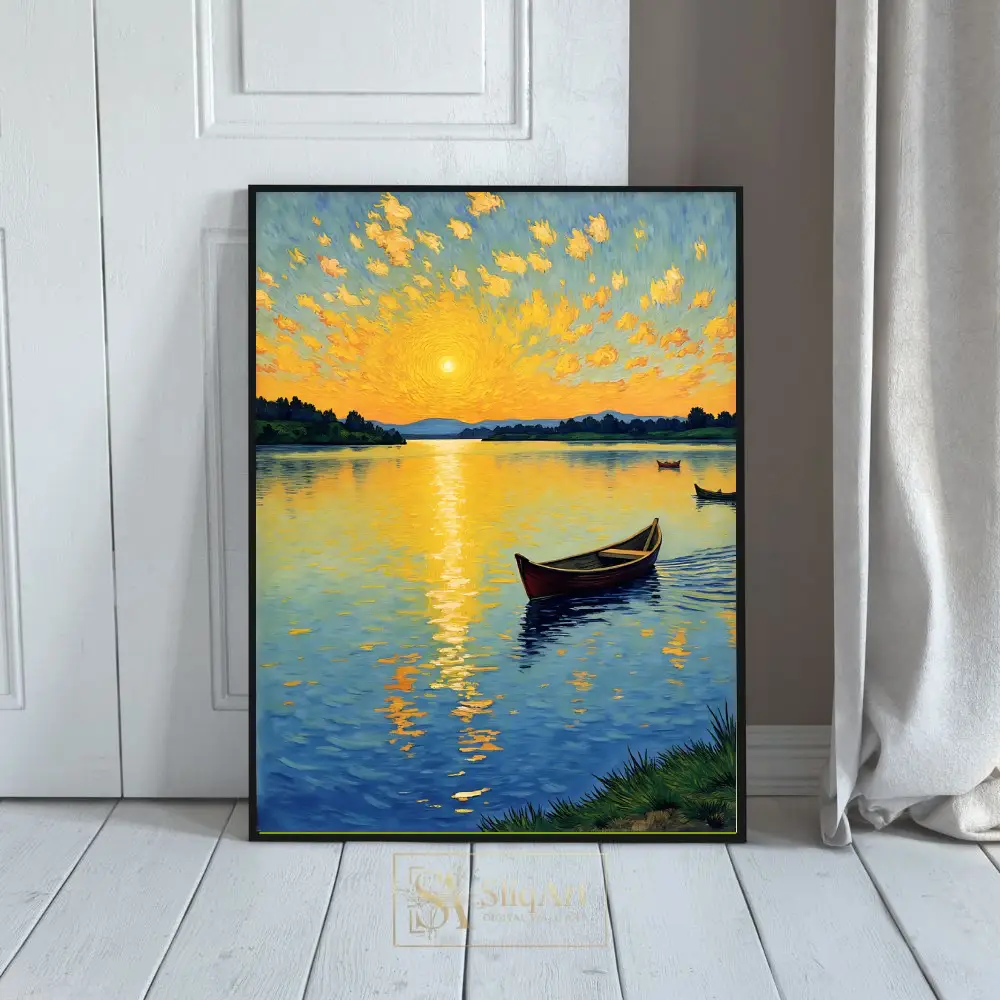 Impressionist Lake Sunset Canvas Art - Golden Hour Boat Decor