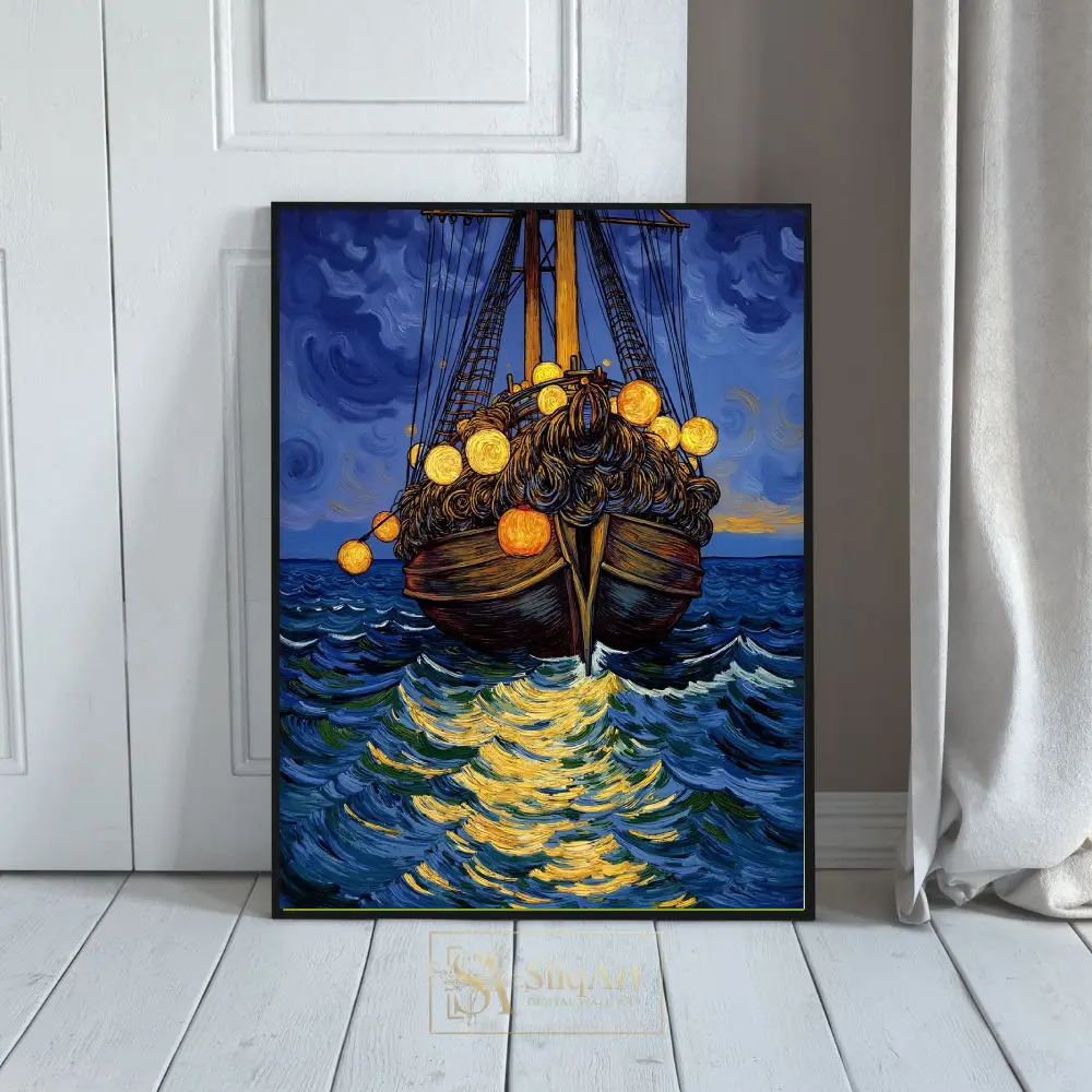Starlit Voyage Nautical Canvas Wall Art - Post-Impressionist Style
