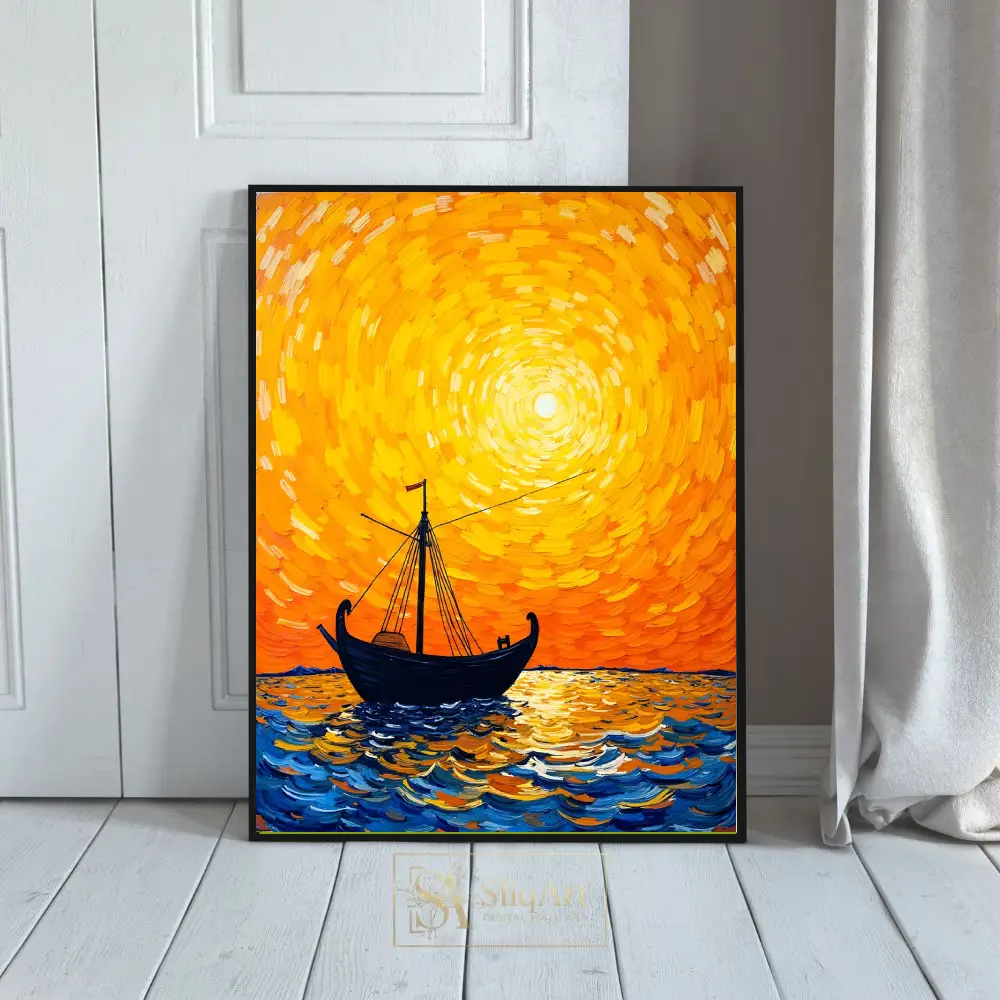 Golden Horizon: Vibrant Impasto Nautical Sunset Wall Art