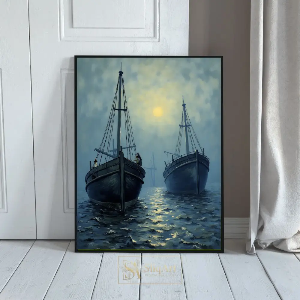 Moonlit Maritime Ships Impressionist Oil Painting Wall Art