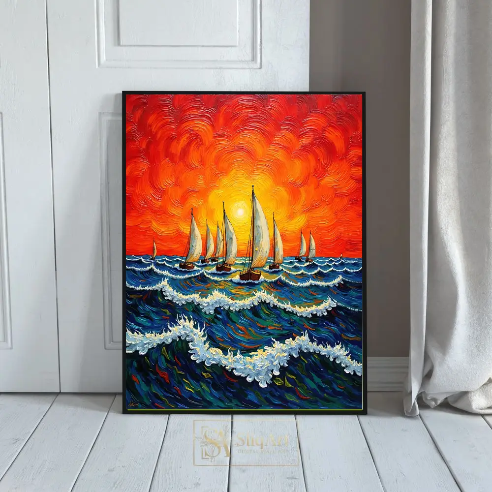 Impasto Sunset Sailboats Wall Art - Vibrant Nautical Ocean Painting