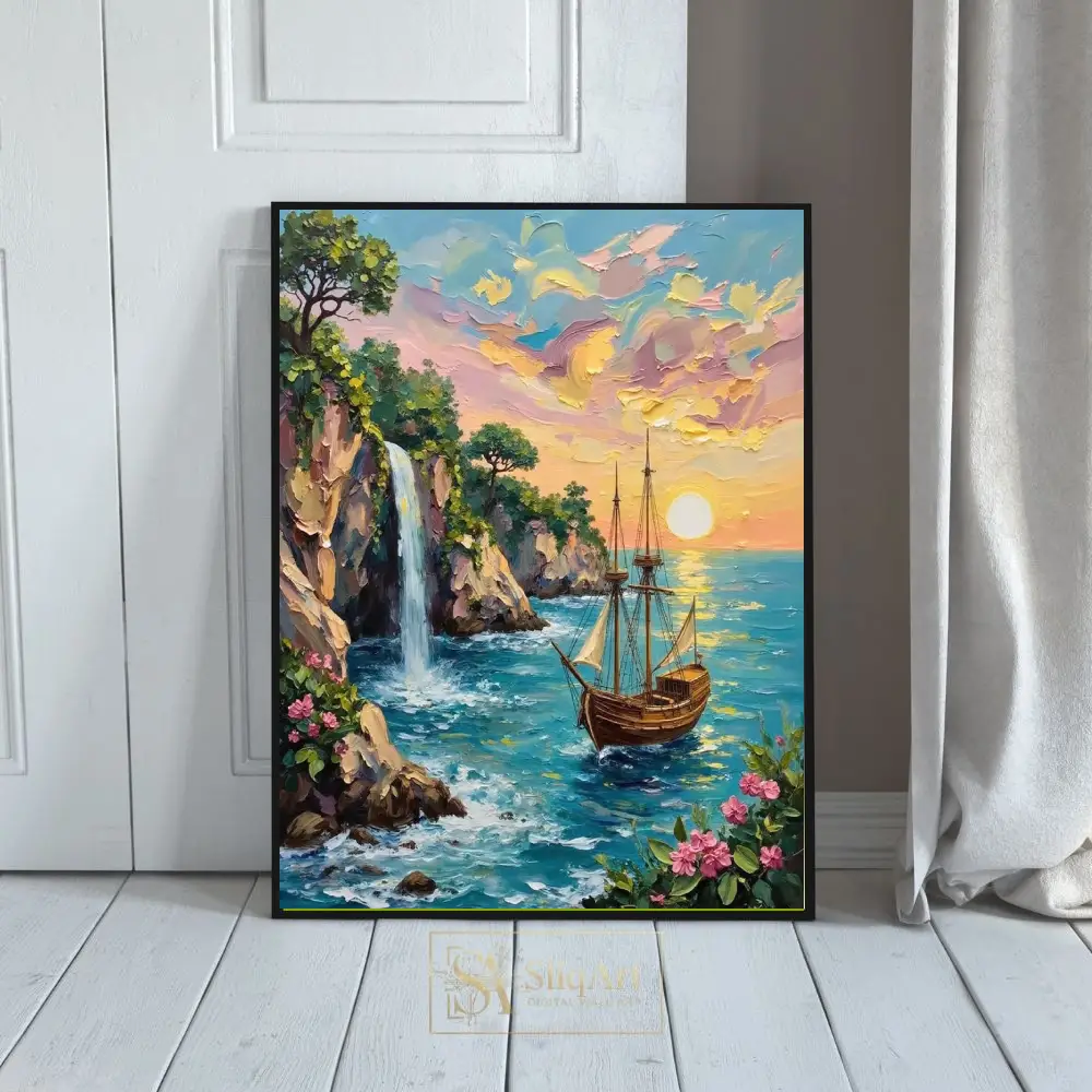 NAU-secret-cove-impasto-tropical-waterfall-sailing-ship-art-print-417-01 NAU secret cove impasto tropical waterfall sailing ship art print 417