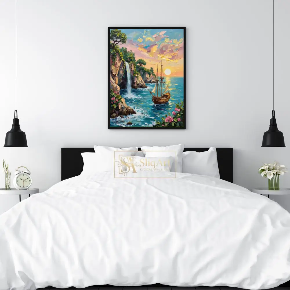 NAU-secret-cove-impasto-tropical-waterfall-sailing-ship-art-print-417-02 NAU secret cove impasto tropical waterfall sailing ship art print 417