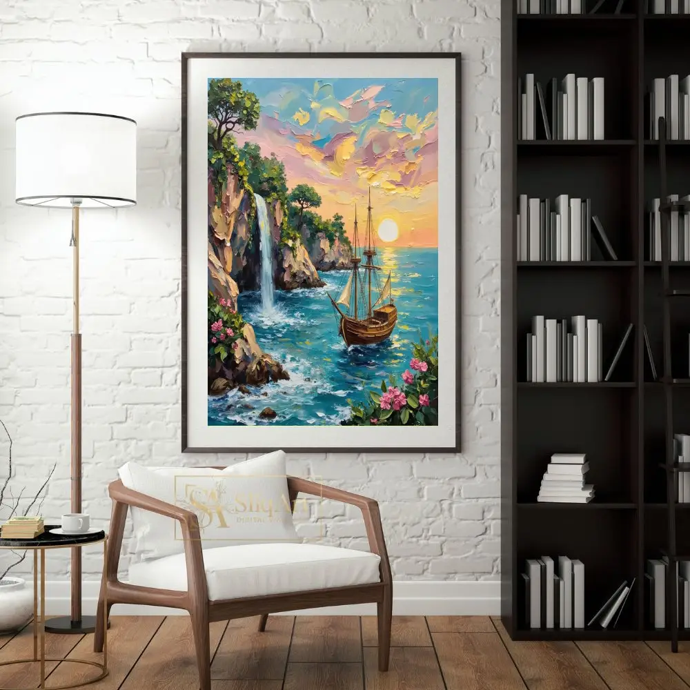 NAU-secret-cove-impasto-tropical-waterfall-sailing-ship-art-print-417-04 NAU secret cove impasto tropical waterfall sailing ship art print 417