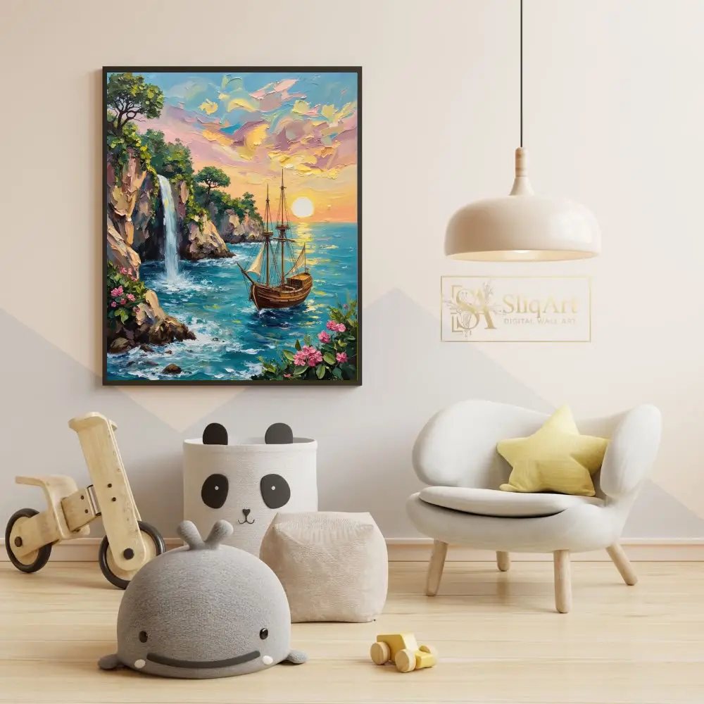 NAU-secret-cove-impasto-tropical-waterfall-sailing-ship-art-print-417-05 NAU secret cove impasto tropical waterfall sailing ship art print 417