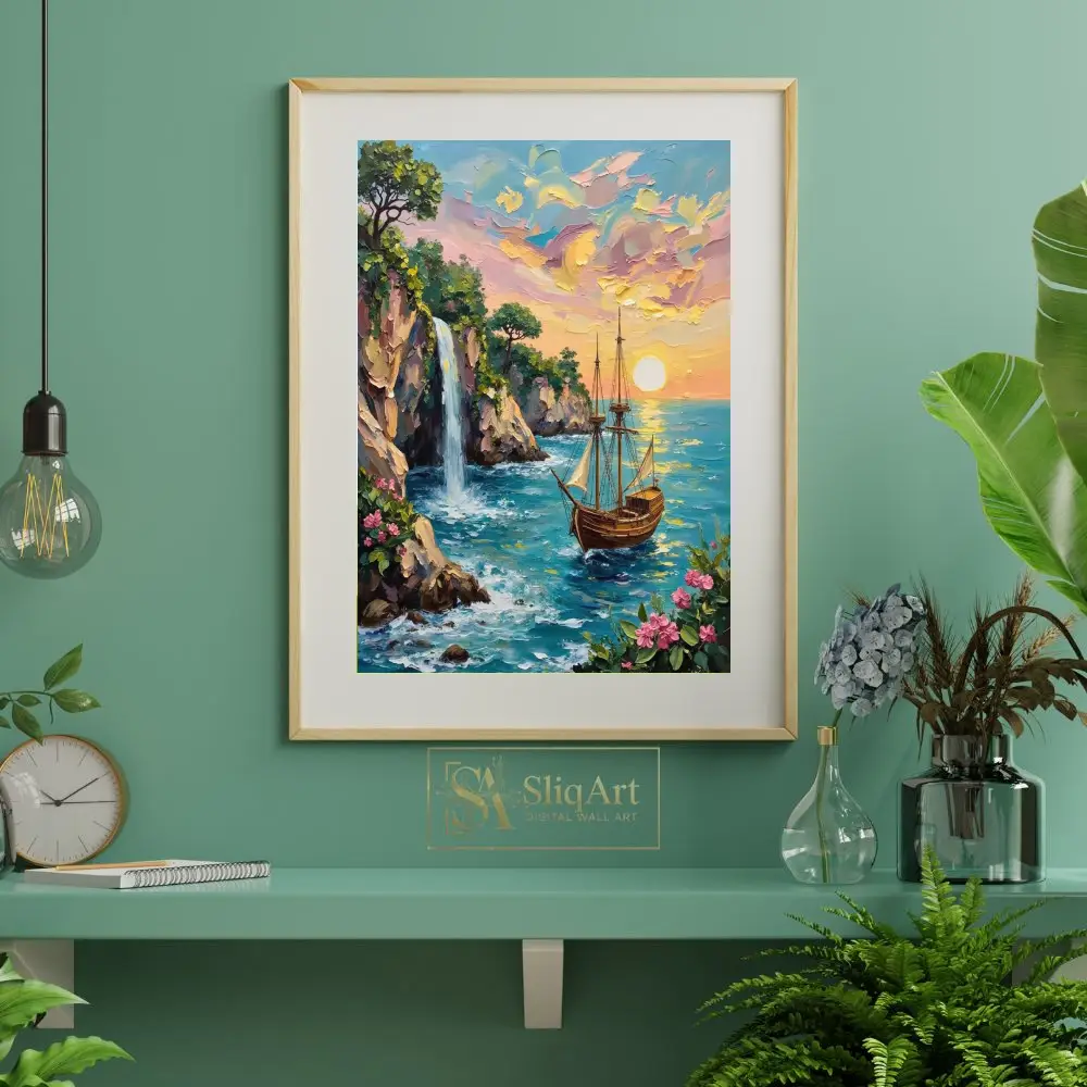 NAU-secret-cove-impasto-tropical-waterfall-sailing-ship-art-print-417-06 NAU secret cove impasto tropical waterfall sailing ship art print 417