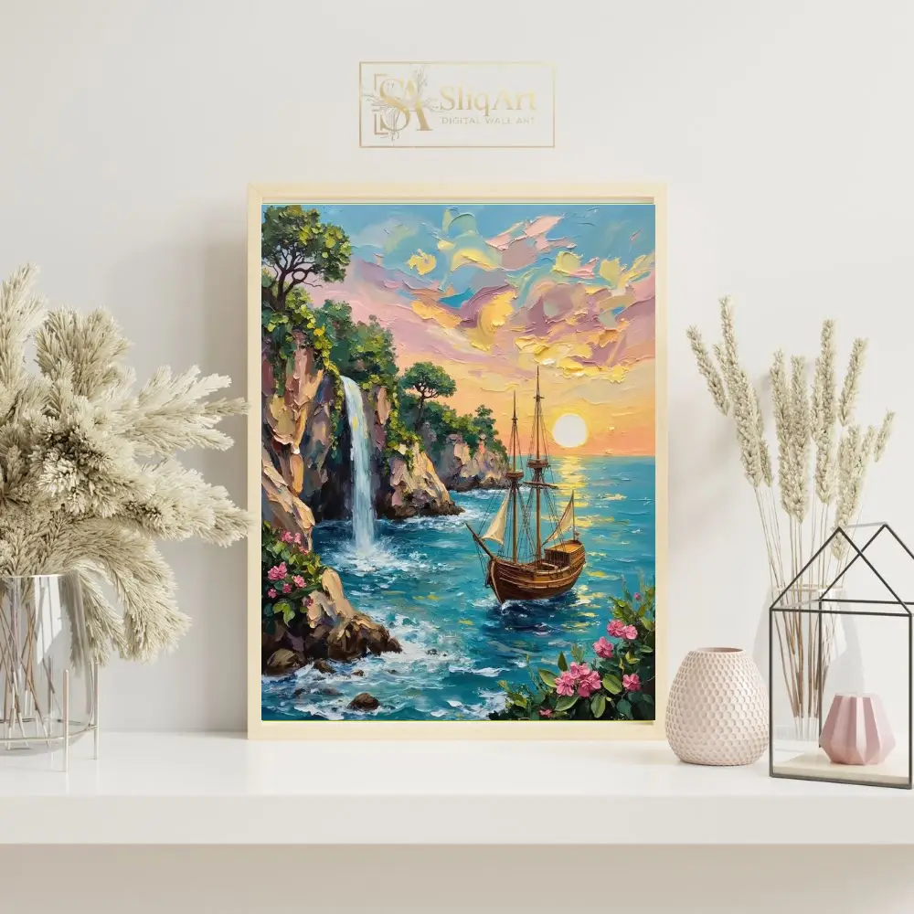 NAU-secret-cove-impasto-tropical-waterfall-sailing-ship-art-print-417-07 NAU secret cove impasto tropical waterfall sailing ship art print 417