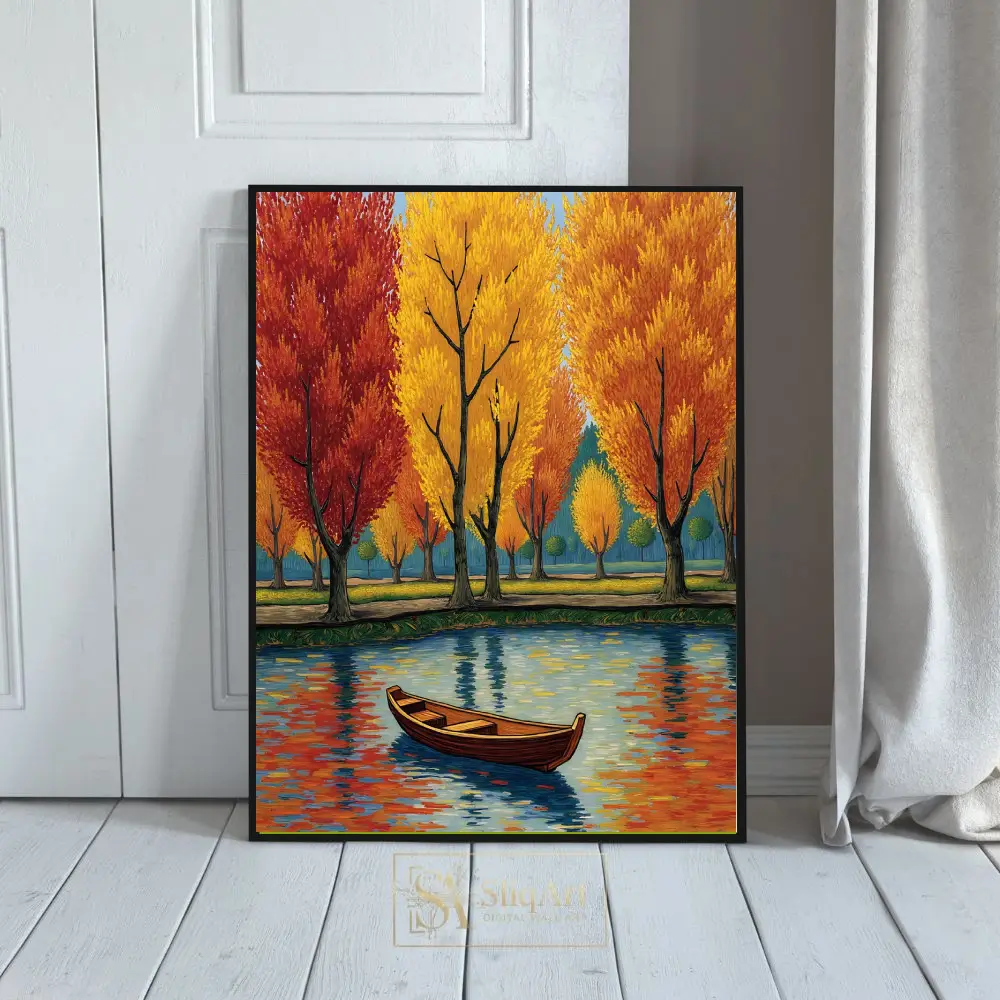 Autumn Reflection: Impressionist Forest Lake Canvas Wall Art