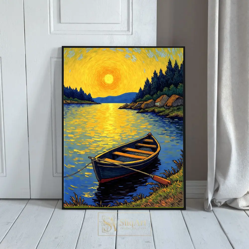 Golden Hour Serenity: Van Gogh Inspired Lake & Boat Canvas Art