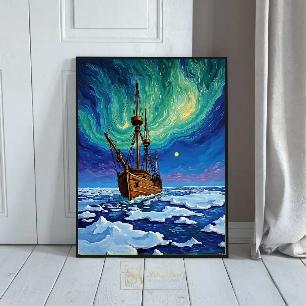 Celestial Voyage: Van Gogh Style Ship in Aurora Ice Canvas