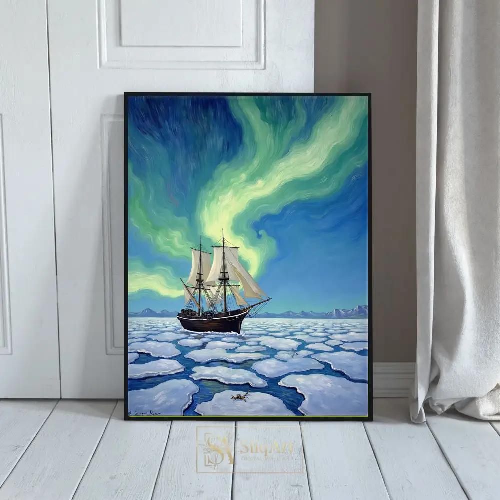 Arctic Odyssey: Sailing Ship Under Aurora Borealis Canvas Art