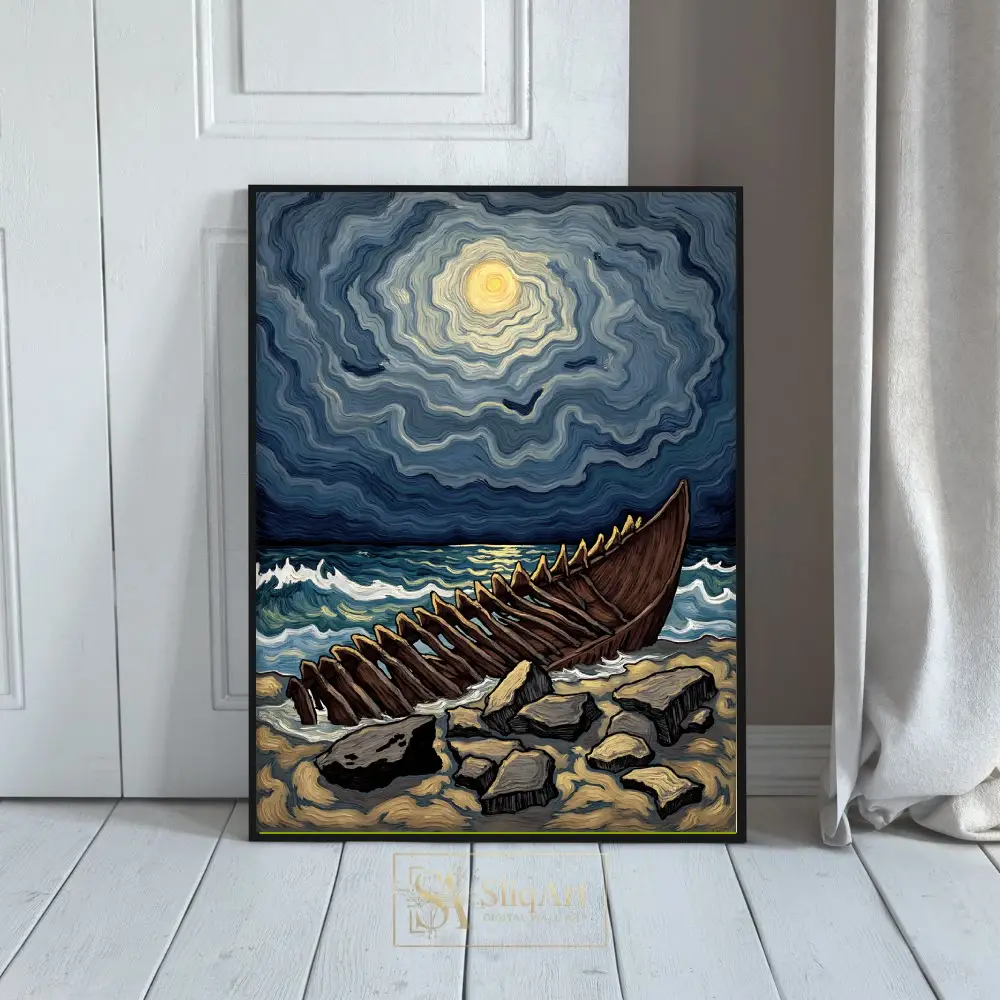 Celestial Shipwreck Impasto Wall Art - Nautical Moonlit Seascape Canvas