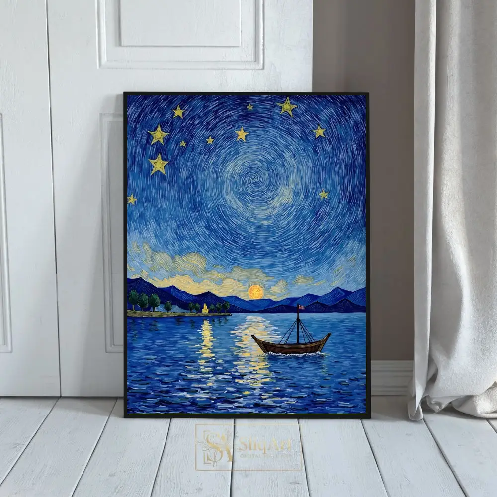 Celestial Voyage: Starry Night Over Water Impressionist Wall Art