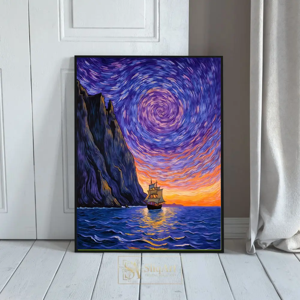 Celestial Voyage: Swirling Sky & Ship Impressionist Canvas