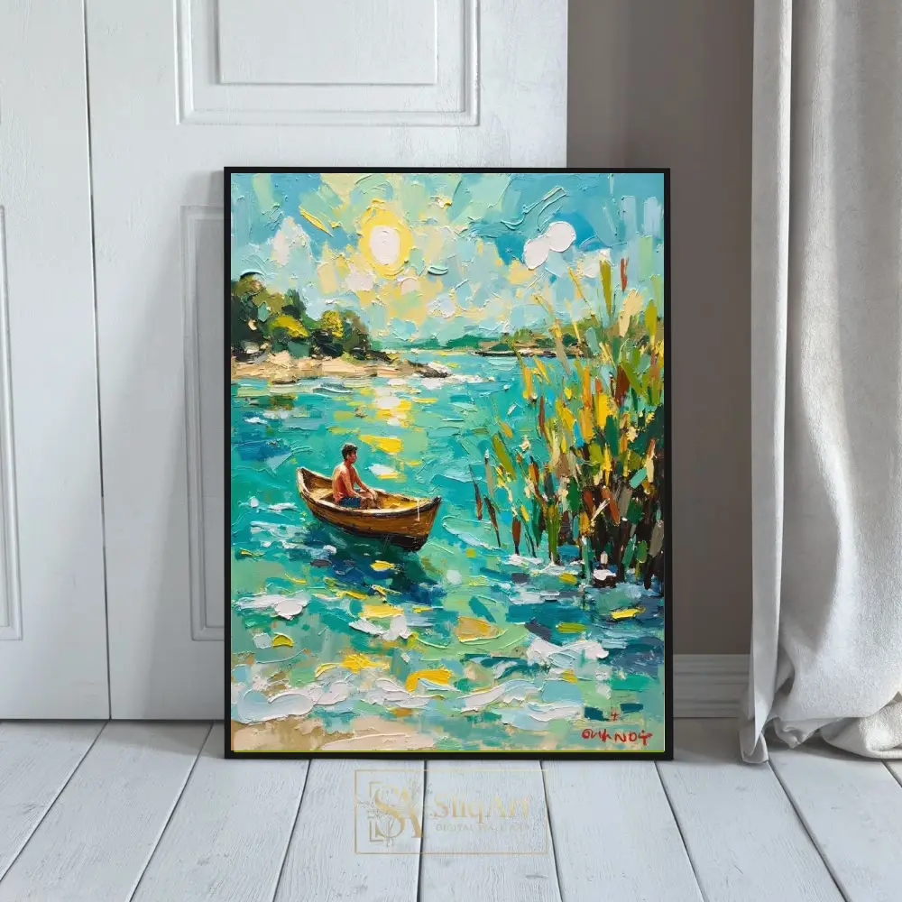 Impressionist Lake Scene Canvas Art - Man in Boat Impasto Painting