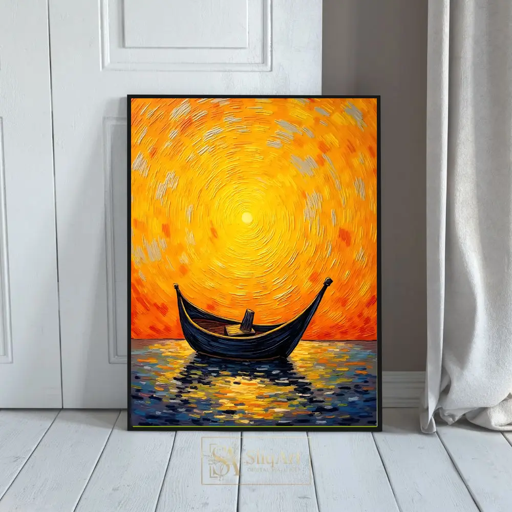 Golden Sunset Boat Impasto Canvas Art | SliqArt