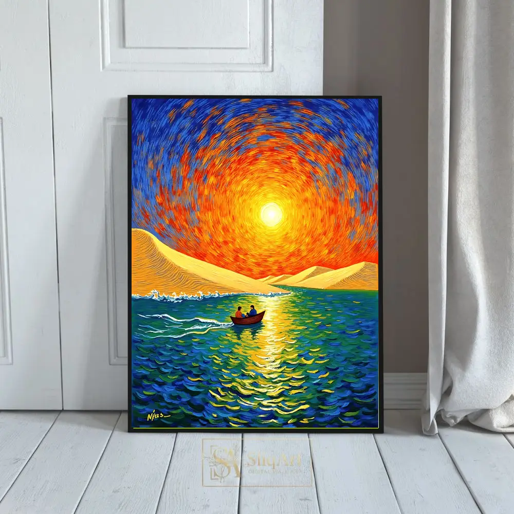 Celestial Sun & Rowboat Canvas Art | Vibrant Impressionist Seascape