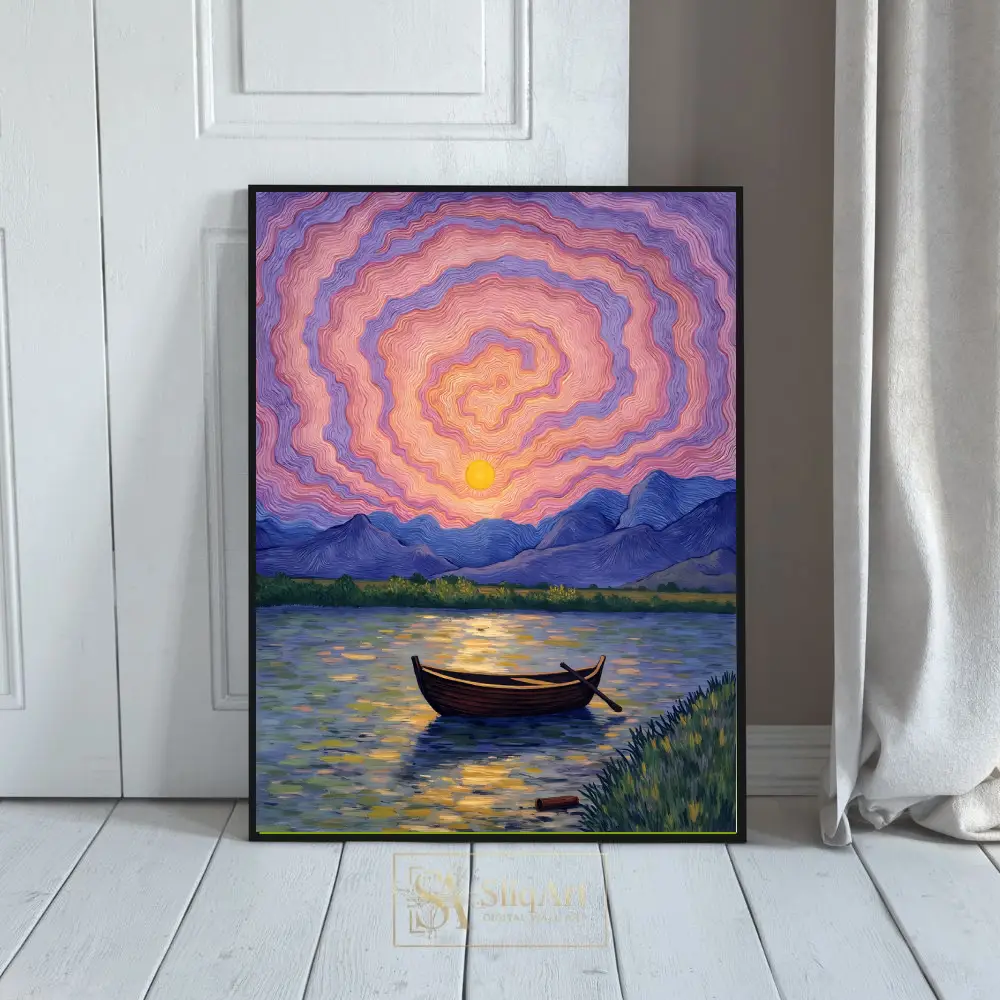 Impressionist Rowboat Lake Sunset Art Print