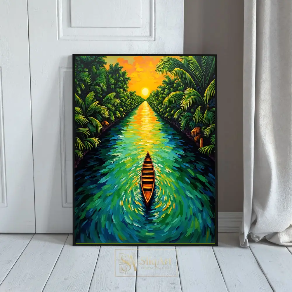 Golden Horizon: Vibrant Tropical River & Palm Tree Canvas Art