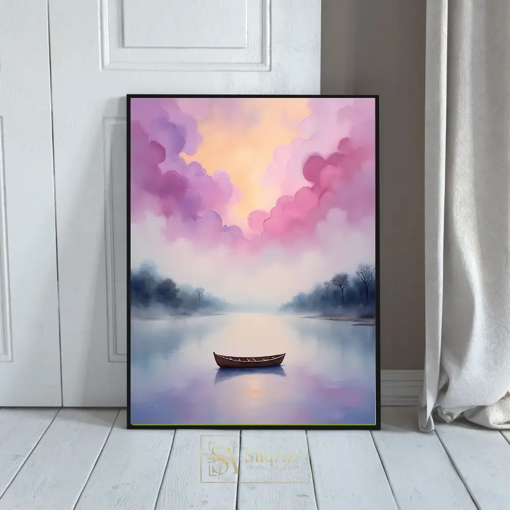 Dreamy Pink Sunset Lake Boat Canvas Art - Serene Nature Wall Decor