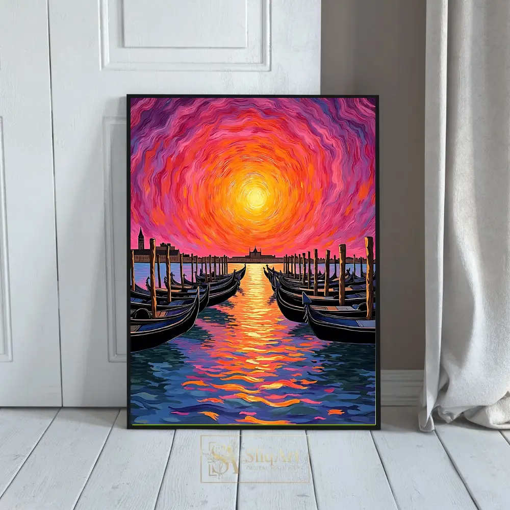 Vibrant Venice Sunset Gondolas Impressionist Canvas Art