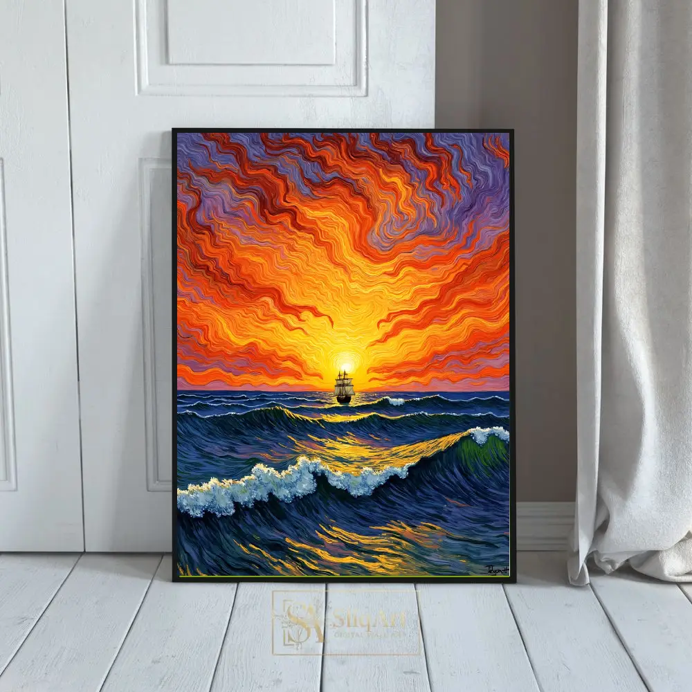 Sailing Through the Golden Storm - Vibrant Nautical Canvas Wall Art