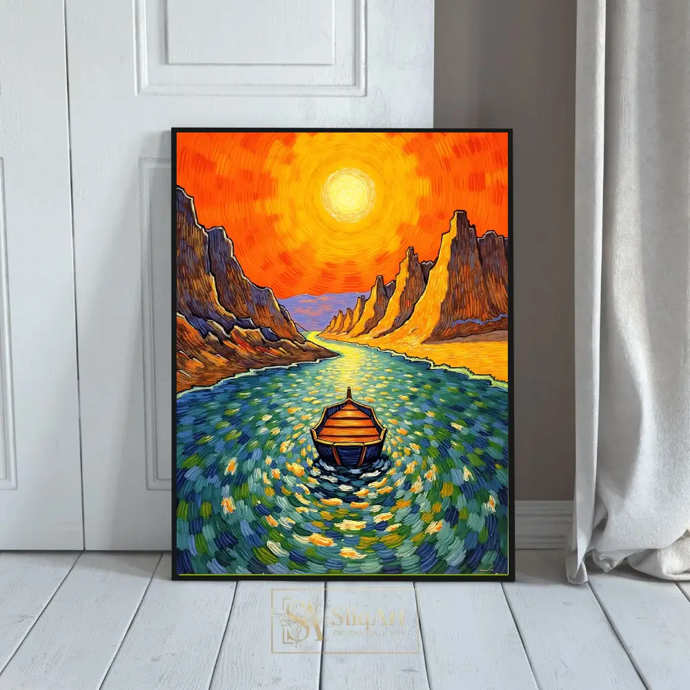 Vibrant Van Gogh Style Boat Sunset Landscape Art