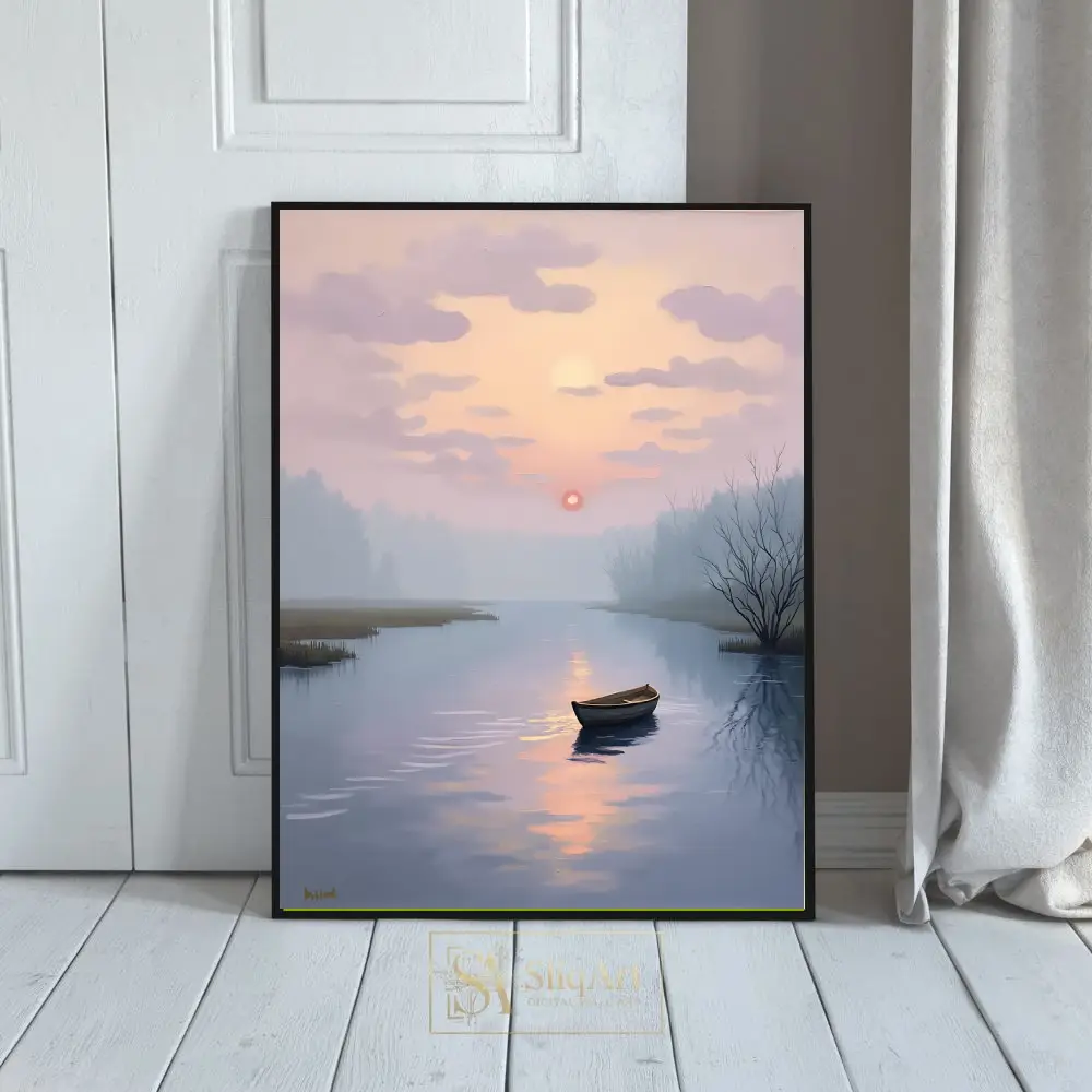 Serene Sunrise Rowboat - Misty River Impressionist Canvas Art