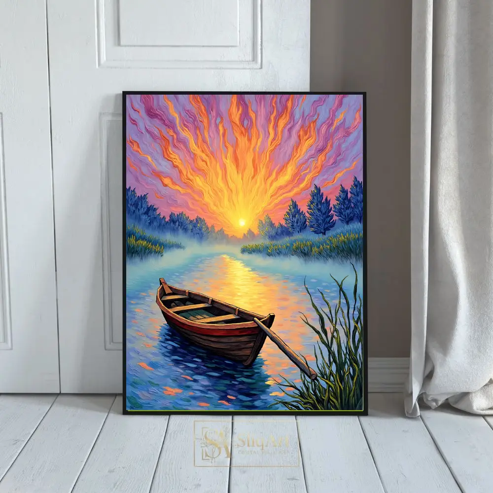 Eternal Dawn: Vibrant Sunrise River & Boat Oil Painting Canvas Print