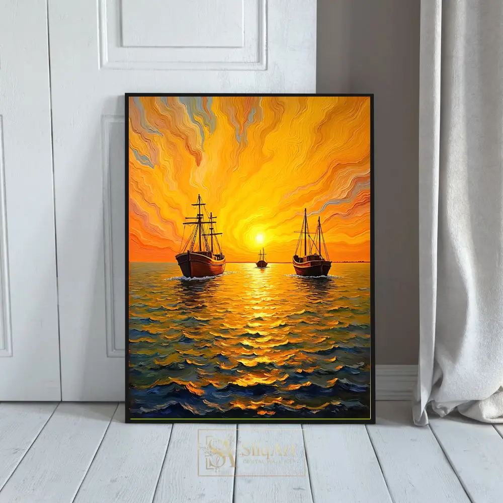 Golden Horizon: Impressionist Sailing Ships at Sunset Canvas Print