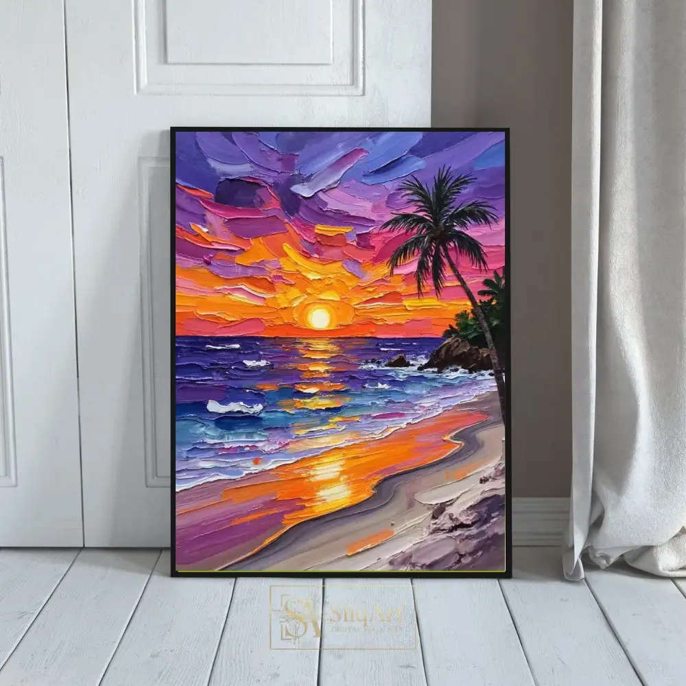 Vibrant Tropical Sunset Beach Impasto Oil Painting