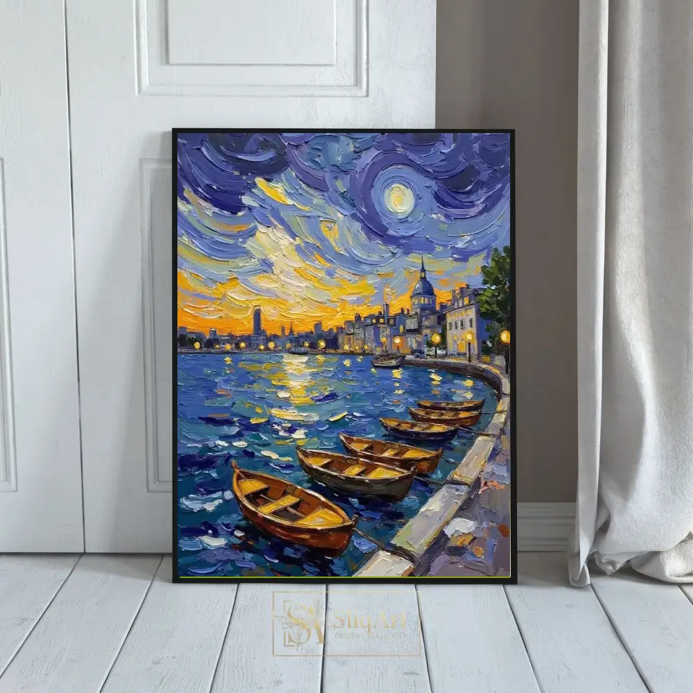 Starry Night Harbor Impasto Canvas Wall Art - Van Gogh Inspired Cityscape