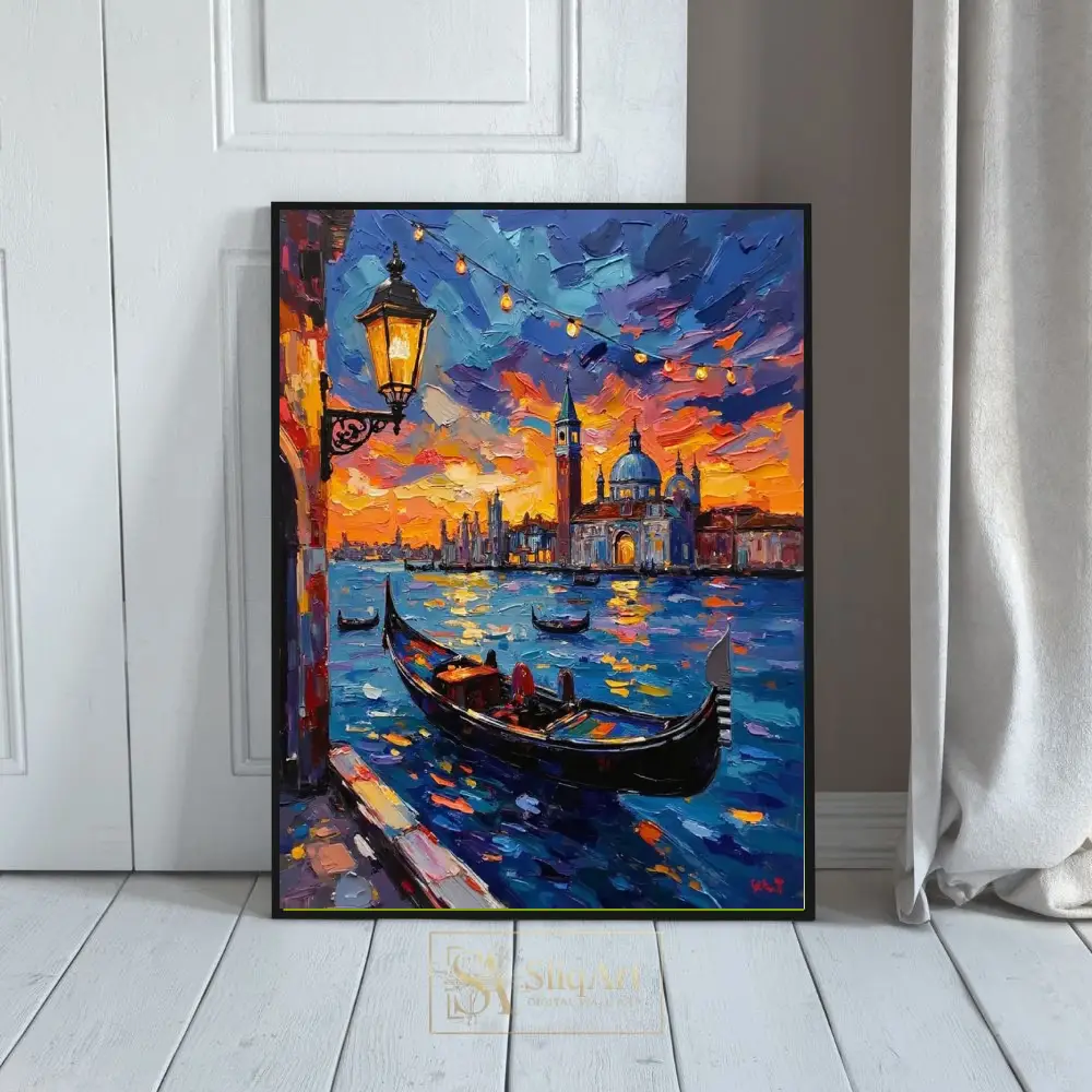 Vibrant Venice Sunset Gondola Canvas Art - Impasto Style