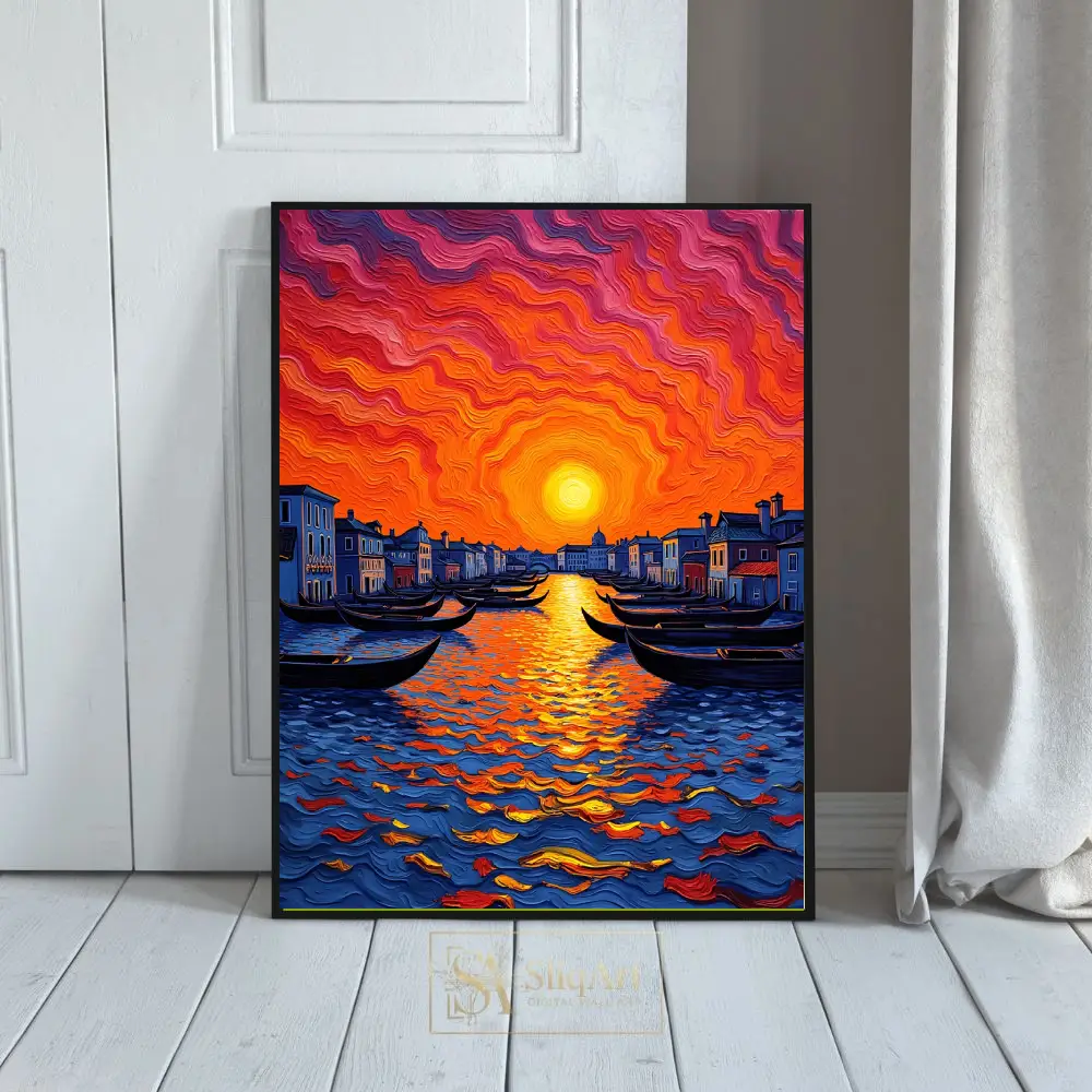 Vibrant Venice Sunset Impasto Canvas Art - Gondolas on Grand Canal