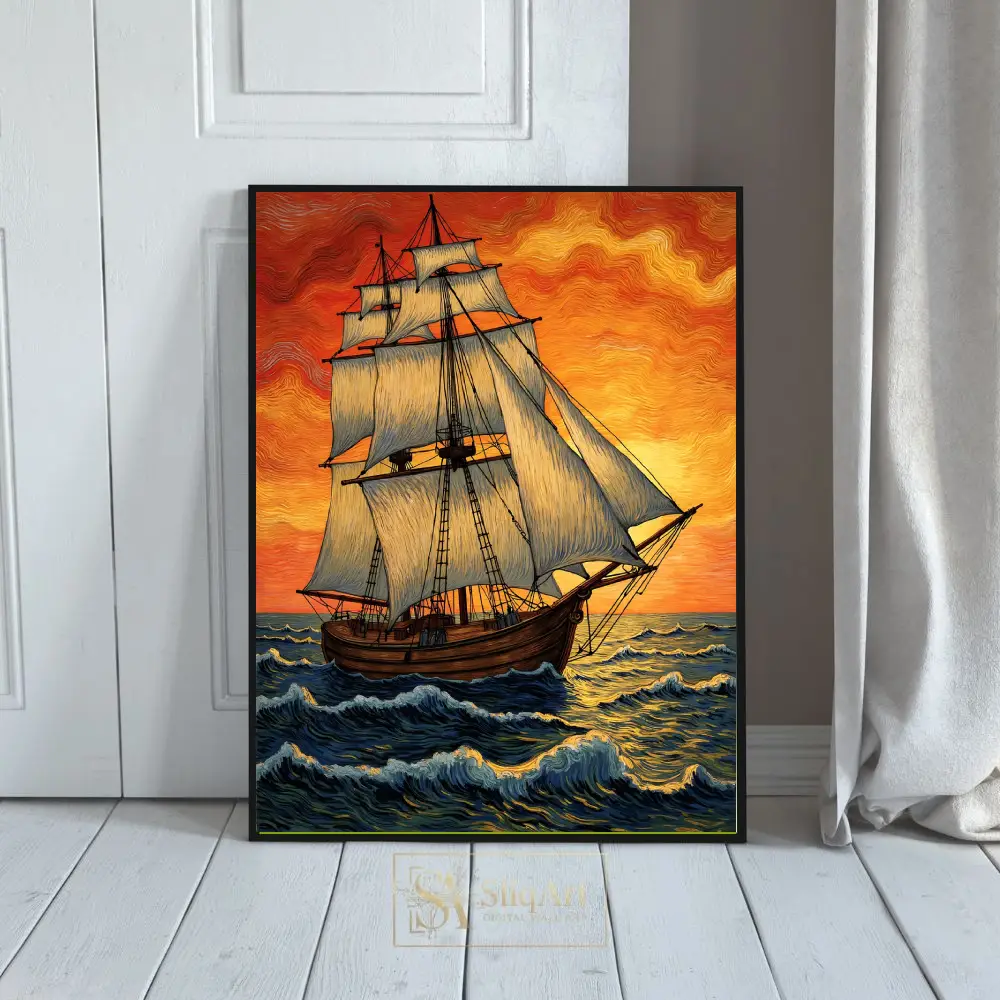 Nautical Tall Ship at Sunset - Impressionist Ocean Canvas Art