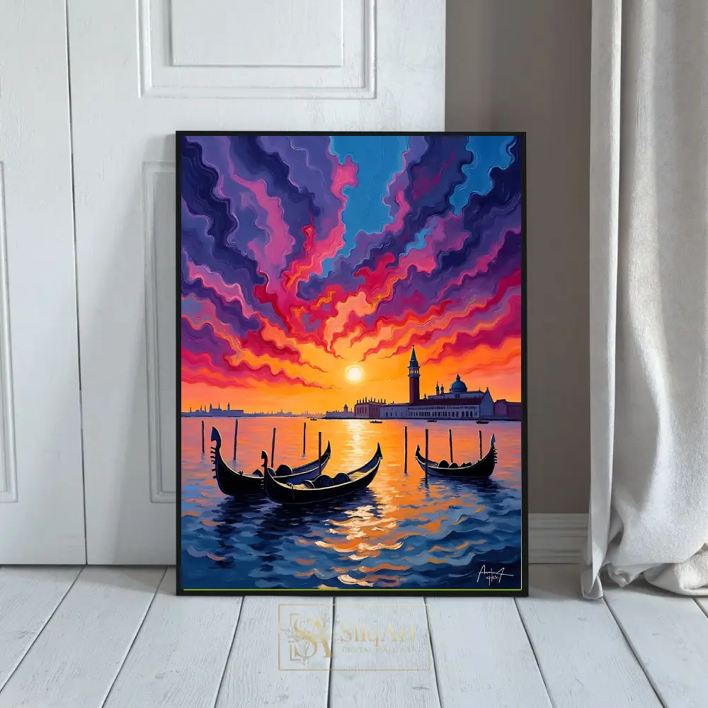 Vibrant Venice Sunset Gondolas Wall Art - Impressionist Italian Canvas
