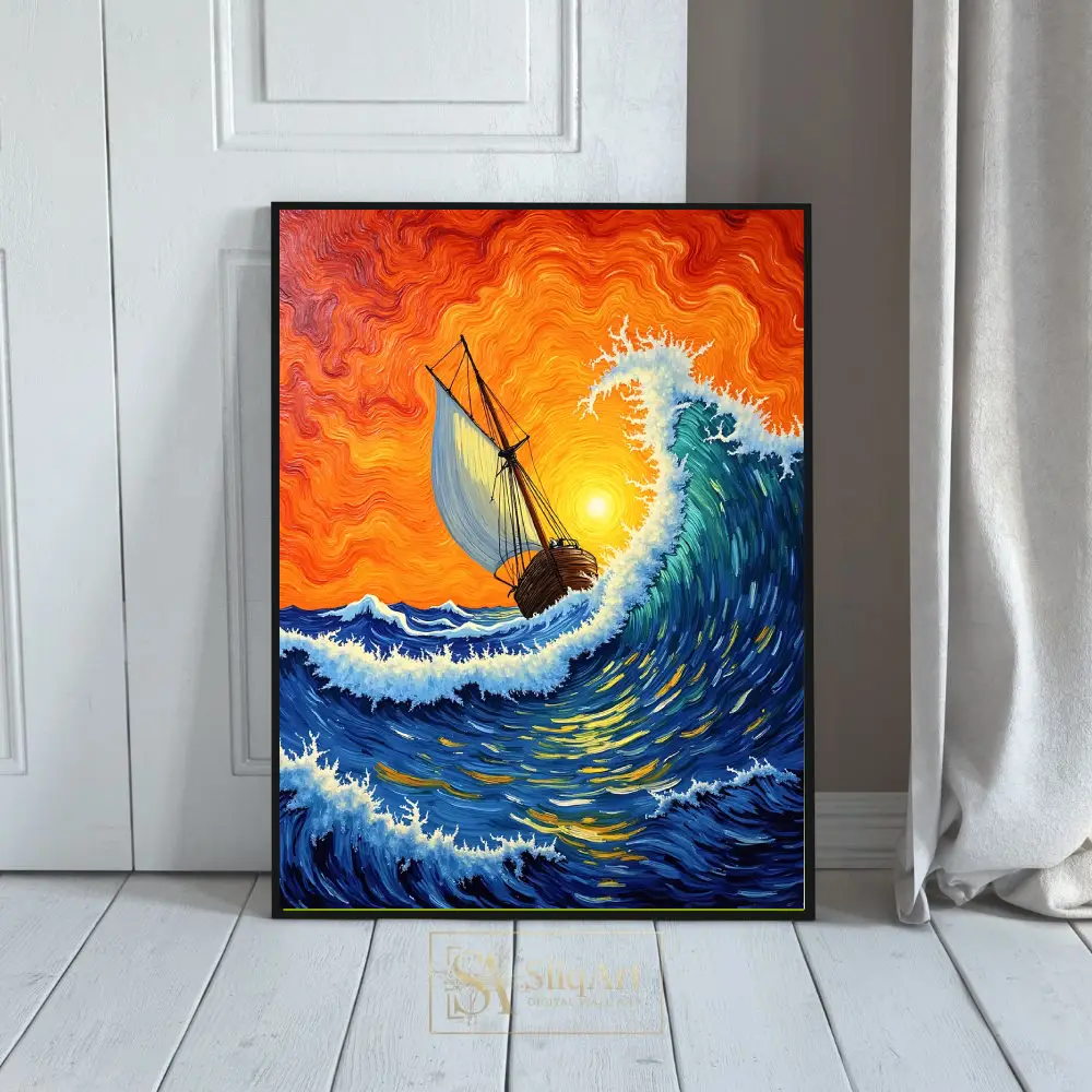 Golden Horizon: Impasto Sailing Ship and Stormy Waves Wall Art