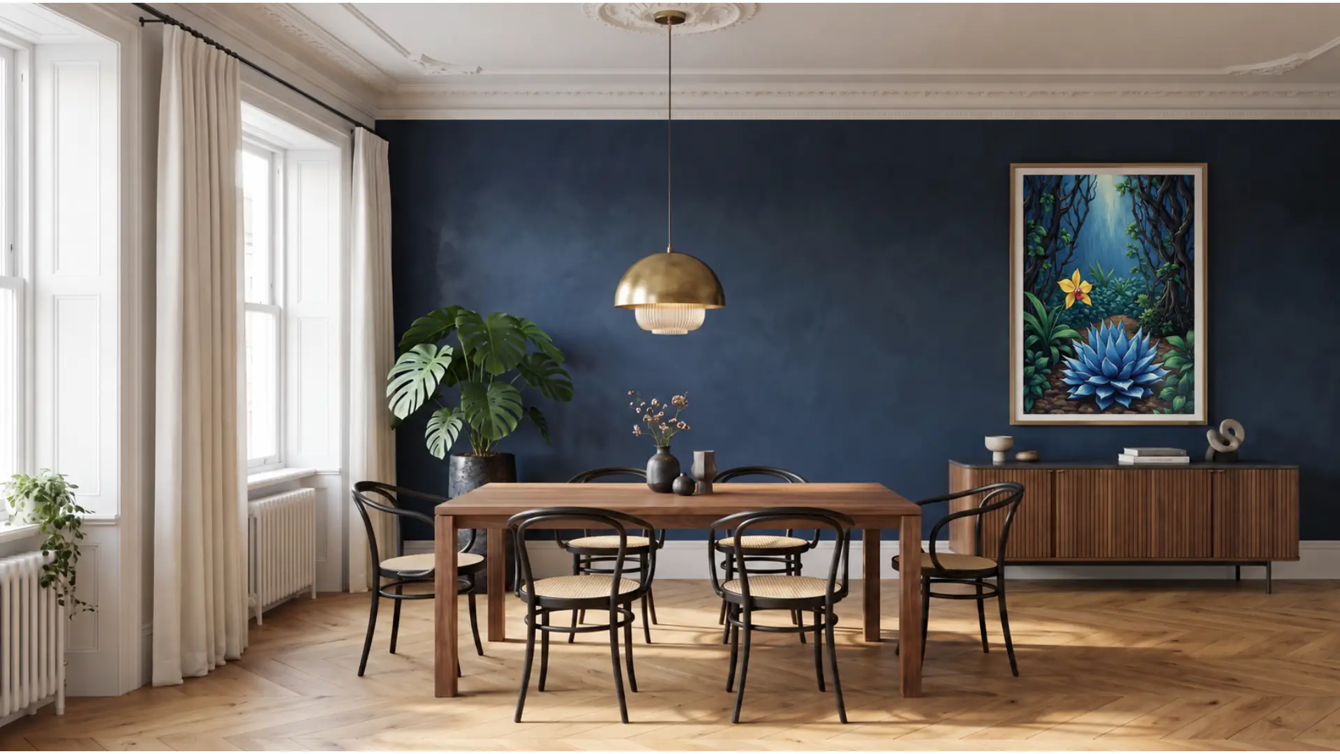 The same navy dining room with the Blue Agave painting on the wall