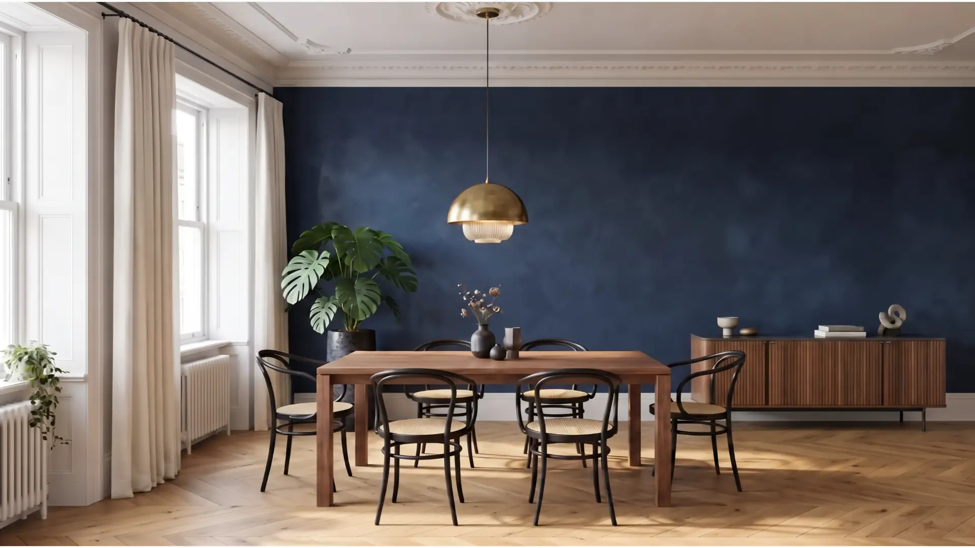 Navy dining room with an empty wall