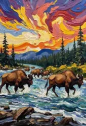 Animal buffalo crossing river landscape