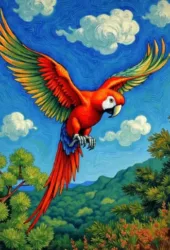 Birds parrot flight with blue sky backdrop