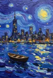 Nautical starry metropolis impasto city skyline digital art